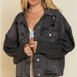 POL Black Distressed Denim Jacket with Chunky Knit Sleeves - Size Small